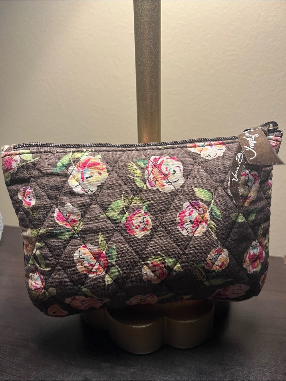 Vera Bradley Brown Quilted Floral “English Rose” Cosmetic Pouch retired